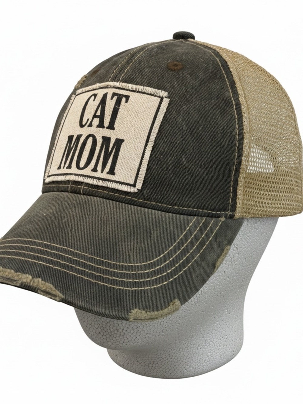 Cat Mom Distressed Trucker Hat - Beige & Gray new with tags
